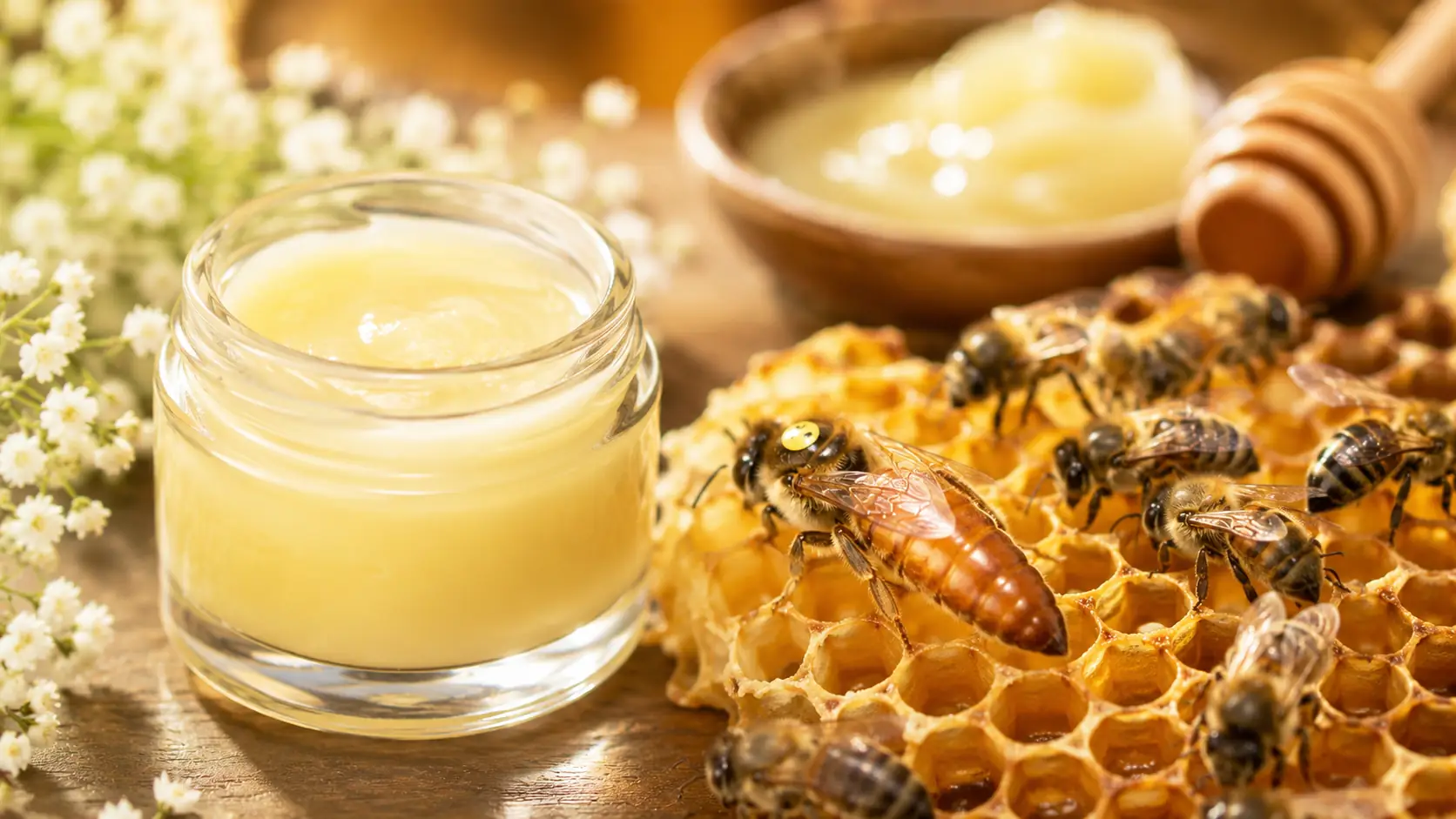 Gelée Royal im Glas neben Bienenkönigin und Arbeiterbienen auf einer Honigwabe zum Thema Was ist Gelée Royal