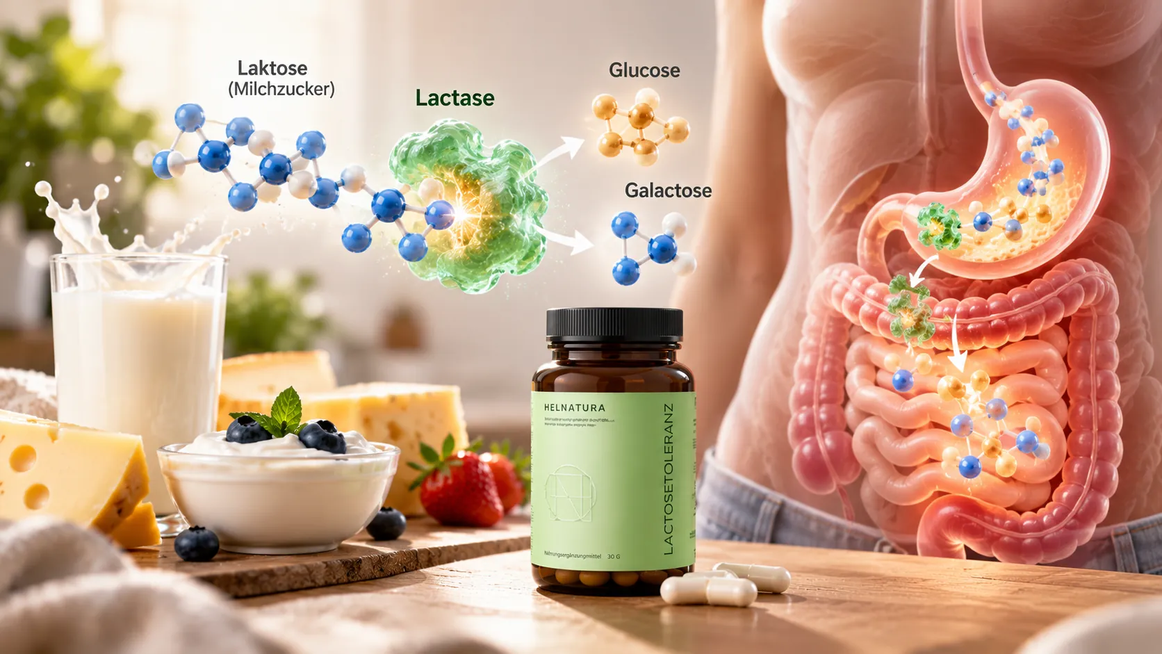 Laktase Kapseln – Darstellung der Aufspaltung von Milchzucker in Glucose und Galactose durch Lactase