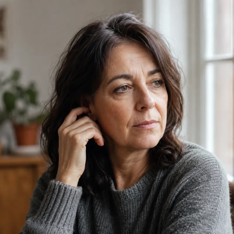frau, grauer pullover, knitwear, näher, porträt