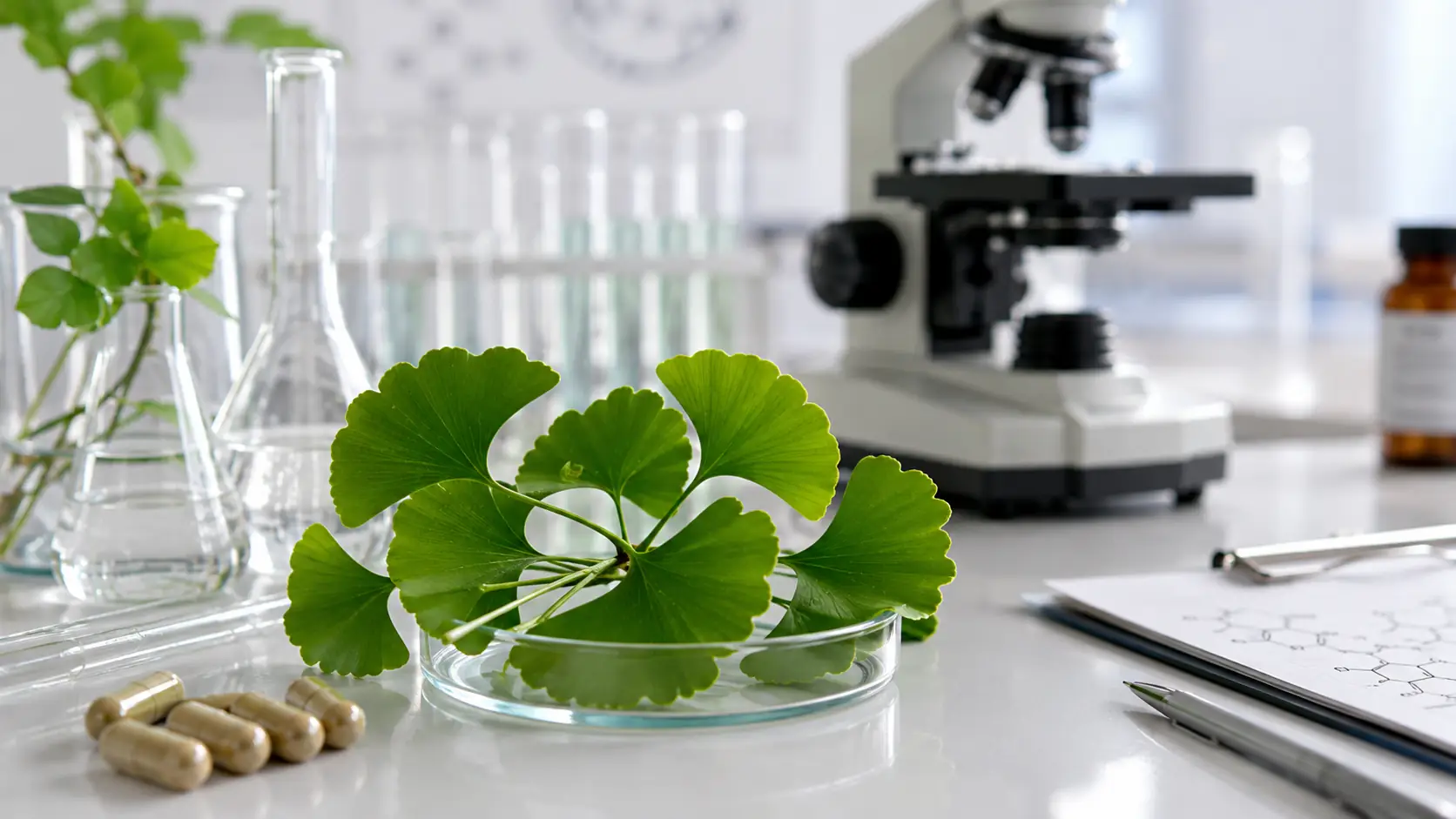 Ginkgo-Blätter neben Laborgeräten zur wissenschaftlichen Untersuchung, ob Ginkgo wirklich bei Tinnitus hilft