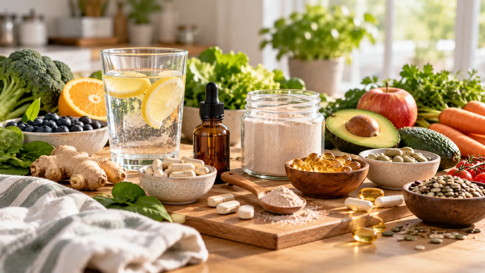 Nahrungsergänzungsmittel: Helle Lifestyle-Aufnahme mit Kapseln, Tropfen, Pulver, Obst, Gemüse und einem Glas Wasser