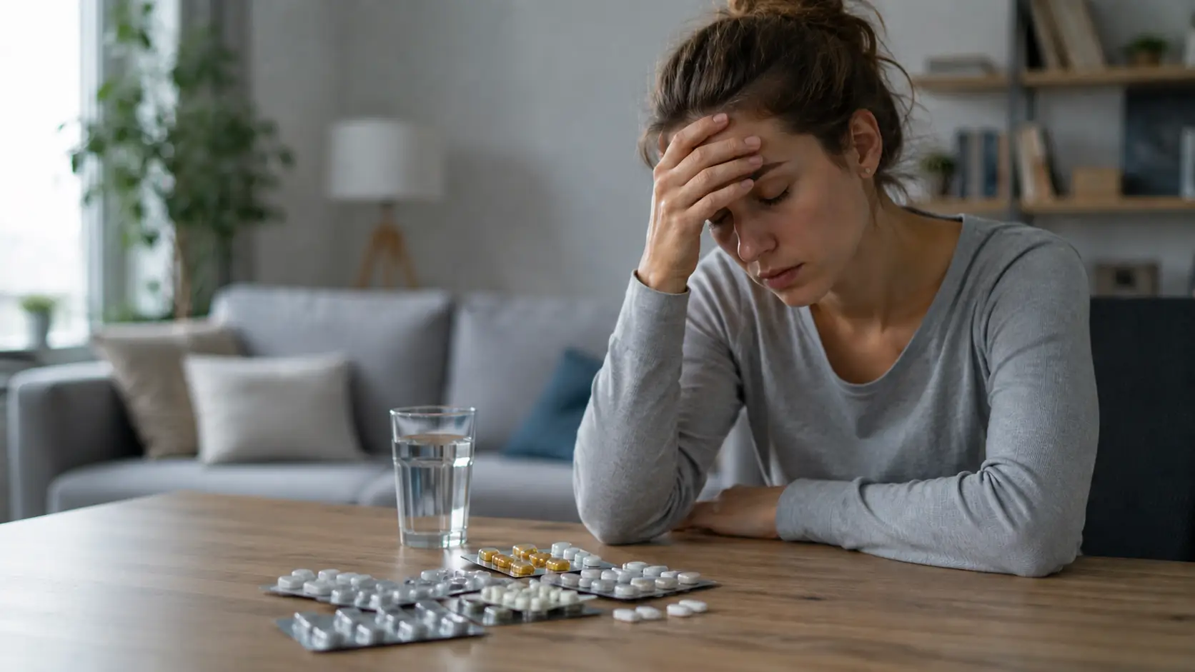 Ursache für eine Dauermüdigkeit: Verschiedene Arzneimittel und Tabletten neben einer müden und erschöpften Person