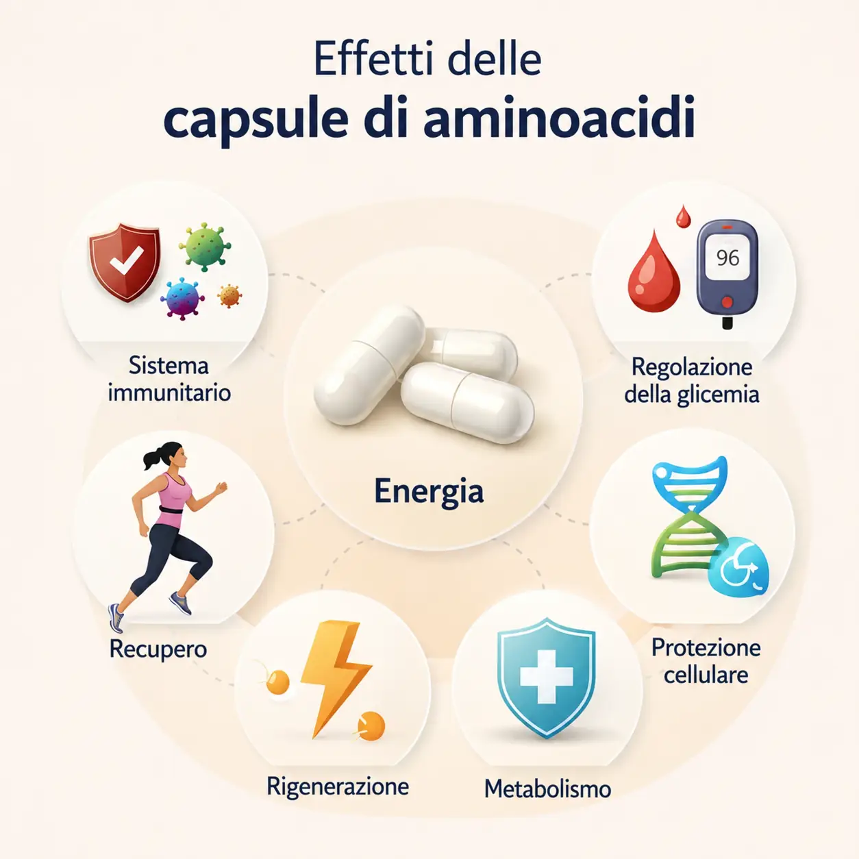 Le capsule di aminoacidi sostengono le difese immunitarie e aiutano a proteggere le cellule dallo stress ossidativo