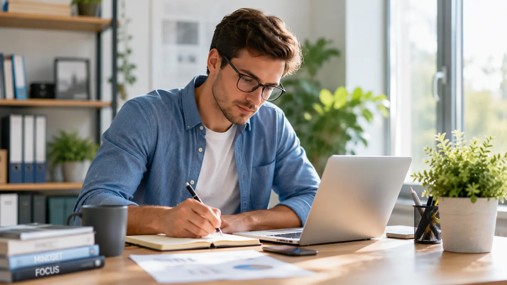 Konzentrierte Person am Schreibtisch mit Laptop und Notizen zur Veranschaulichung der Ginkgo Wirkung
