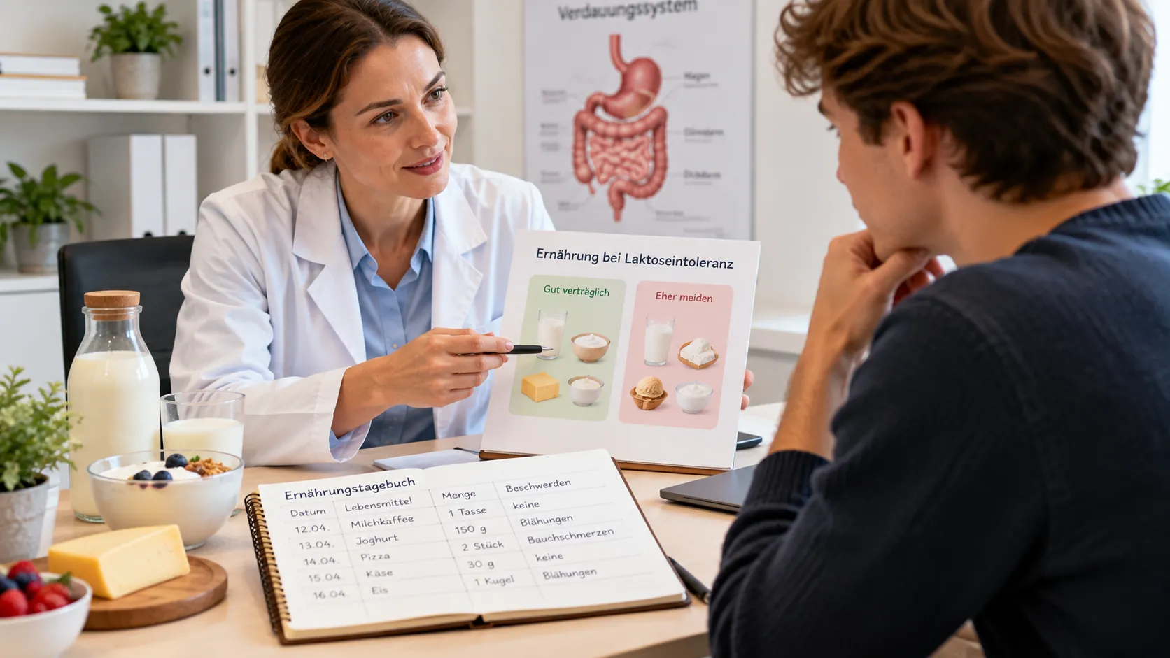 Laktoseintoleranz: Ruhige Beratungsszene zwischen Arzt oder Ernährungsfachkraft und Patient mit Ernährungstagebuch.