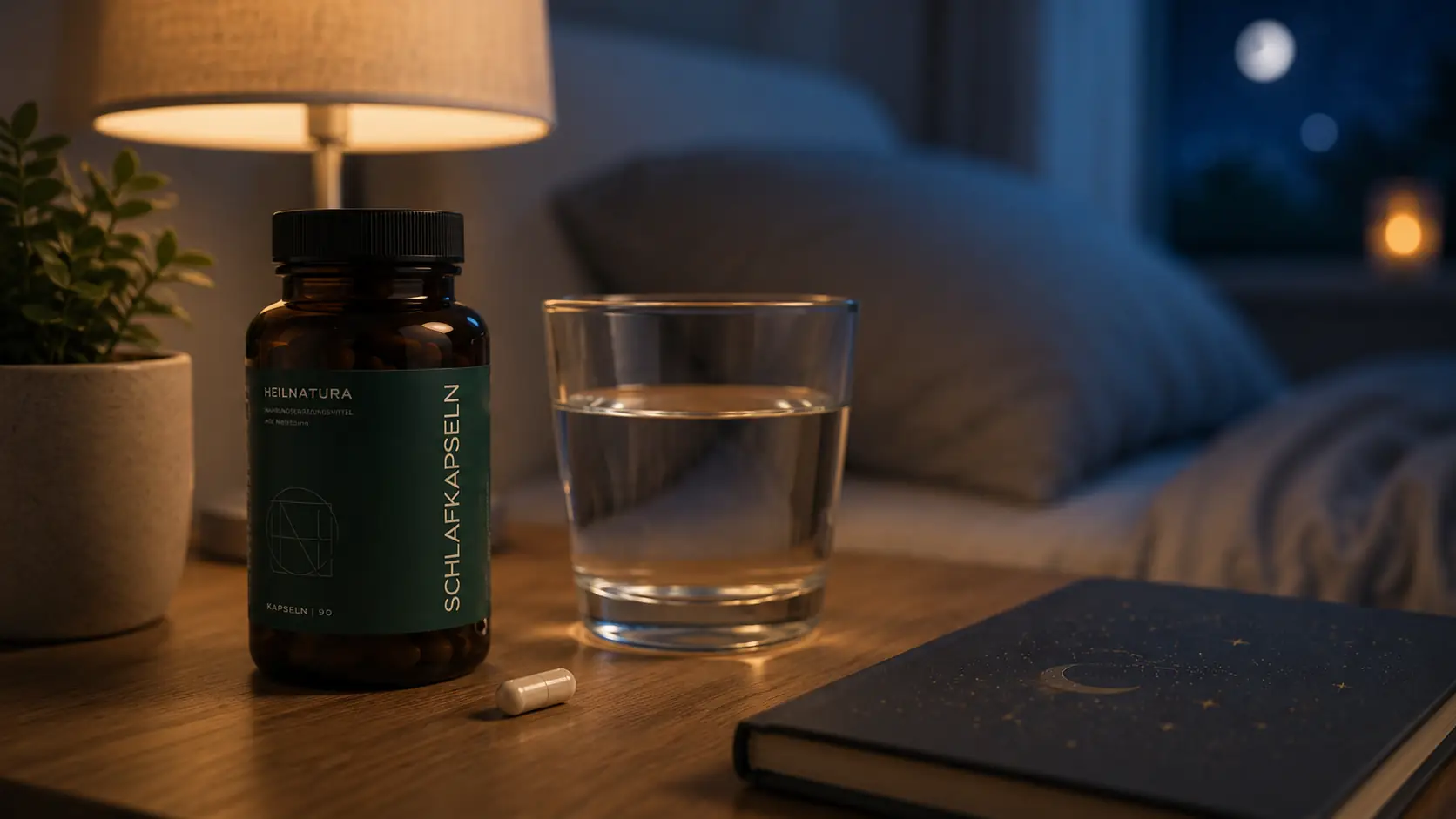 Kleine Melatonin-Kapsel neben einem Glas Wasser auf dem Nachttisch passend zu Melatonin einfach erklärt