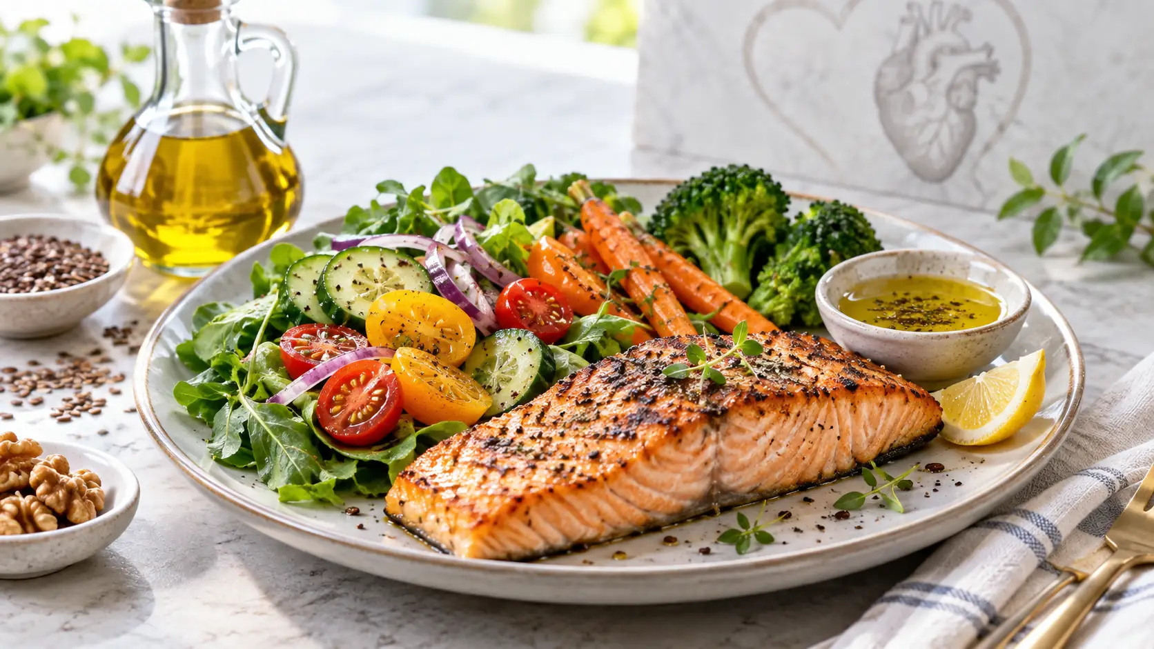 wofür ist Omega 3 gut: Ausgewogene Mahlzeit mit fettreichem Fisch, Gemüse und hochwertigem Pflanzenöl.
