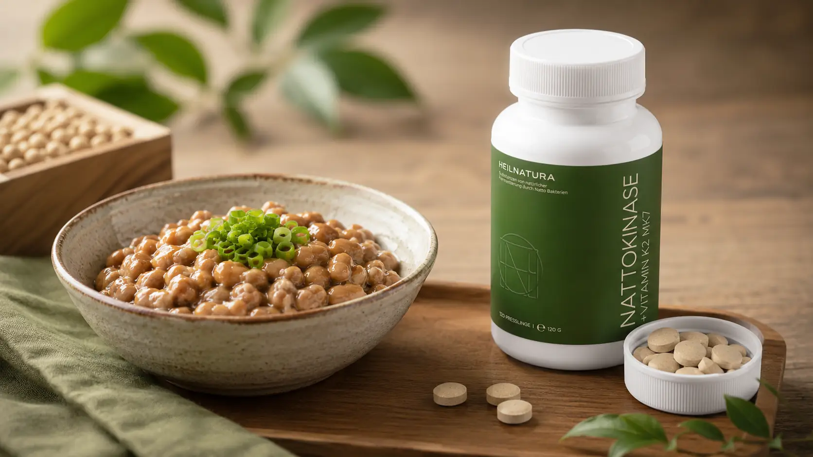 Traditionelles Natto mit Sojabohnen und einer geöffneten Dose mit Nattokinase-Presslingen zum Thema Nattokinase einfach erklärt, Natto, Nattokinase, Tabletten, Kapseln, Nahrungsergänzung