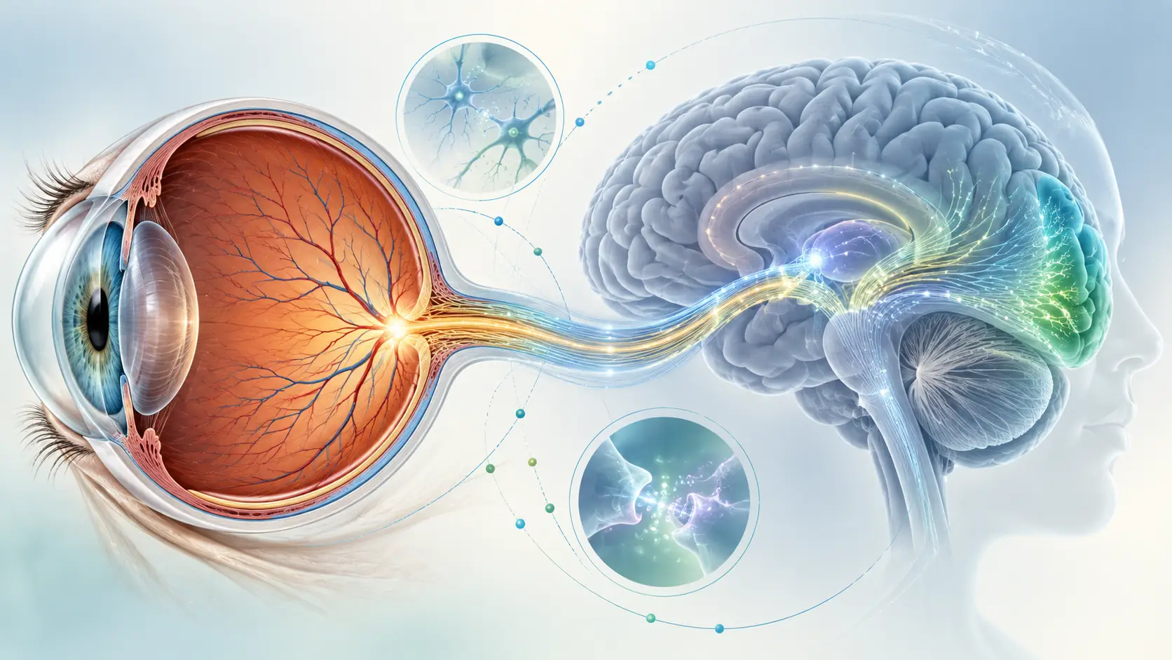 Wirkung von Omega 3: Wissenschaftliche Illustration mit Gehirn, Auge und dezenten grafischen Verbindungslinien.