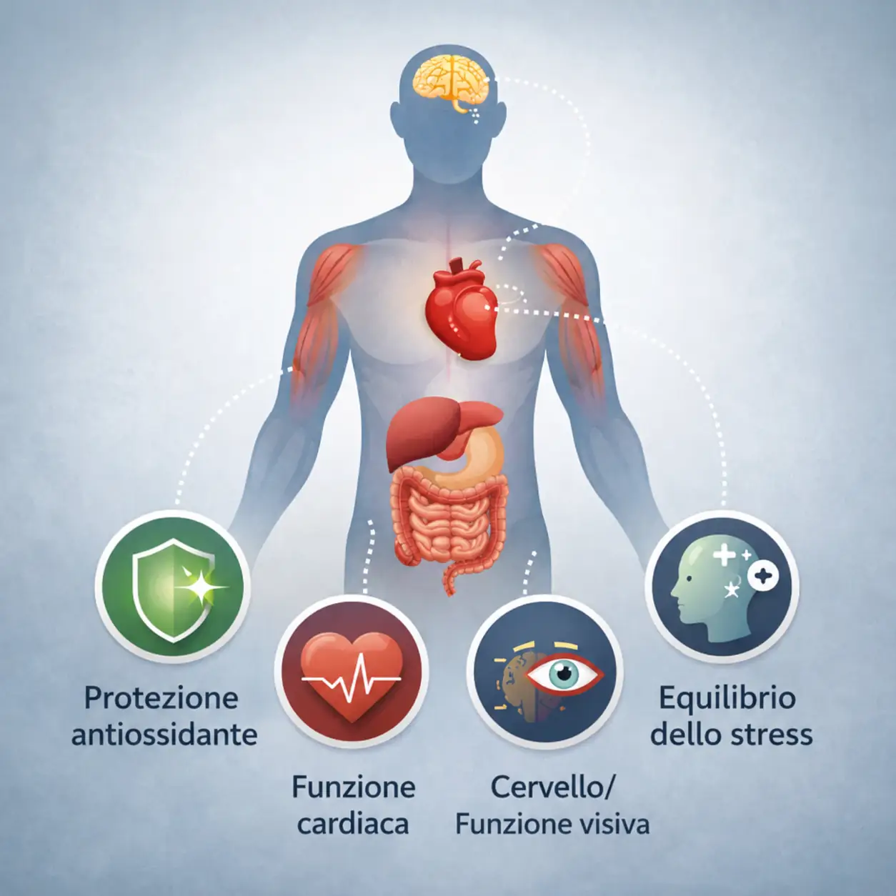 Infografica sugli effetti delle capsule di taurina su muscoli, cuore, cervello, occhi, metabolismo e protezione antiossidante