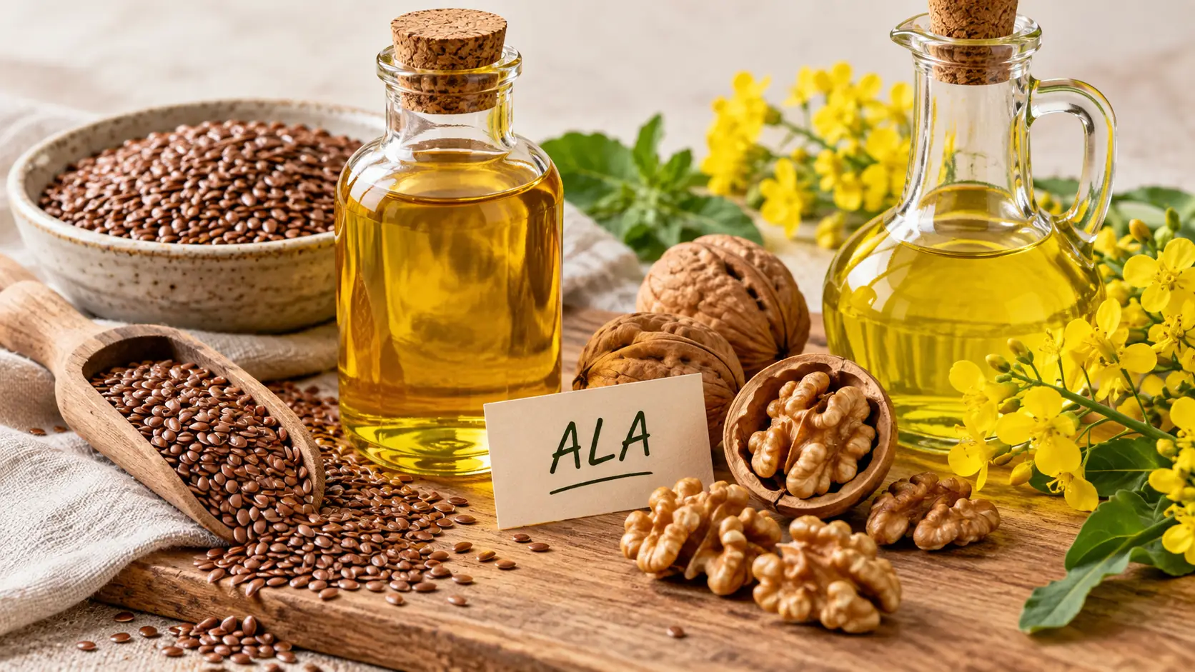 Wirkung von Omega 3: Natürliches Stillleben mit Leinsamen, Leinöl, Walnüssen und Rapsöl als pflanzliche Quellen.
