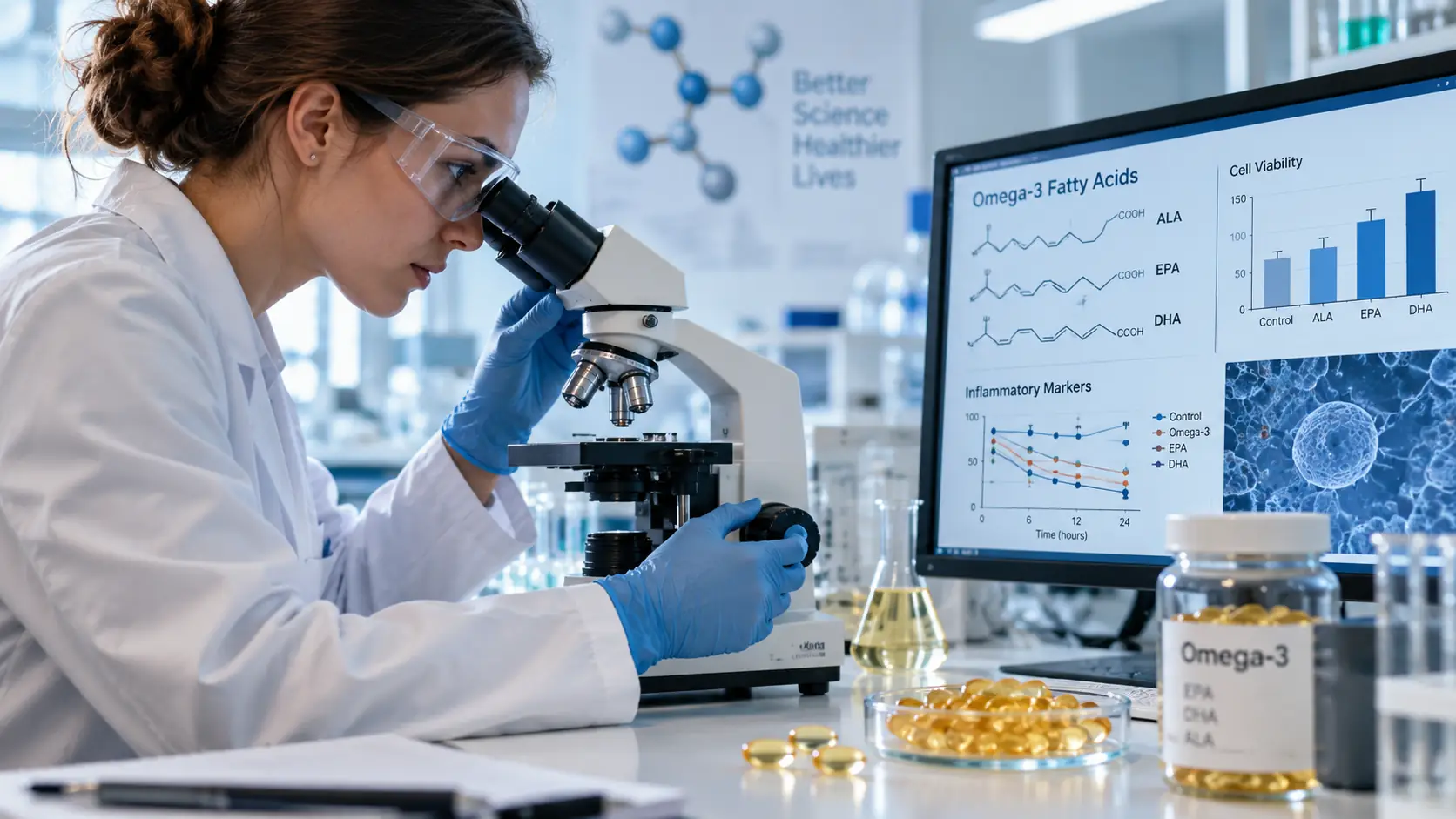 wofür ist Omega 3 gut: Seriöse Forschungsszene im Labor mit Diagrammen, Mikroskop und Omega-3-Kapseln.