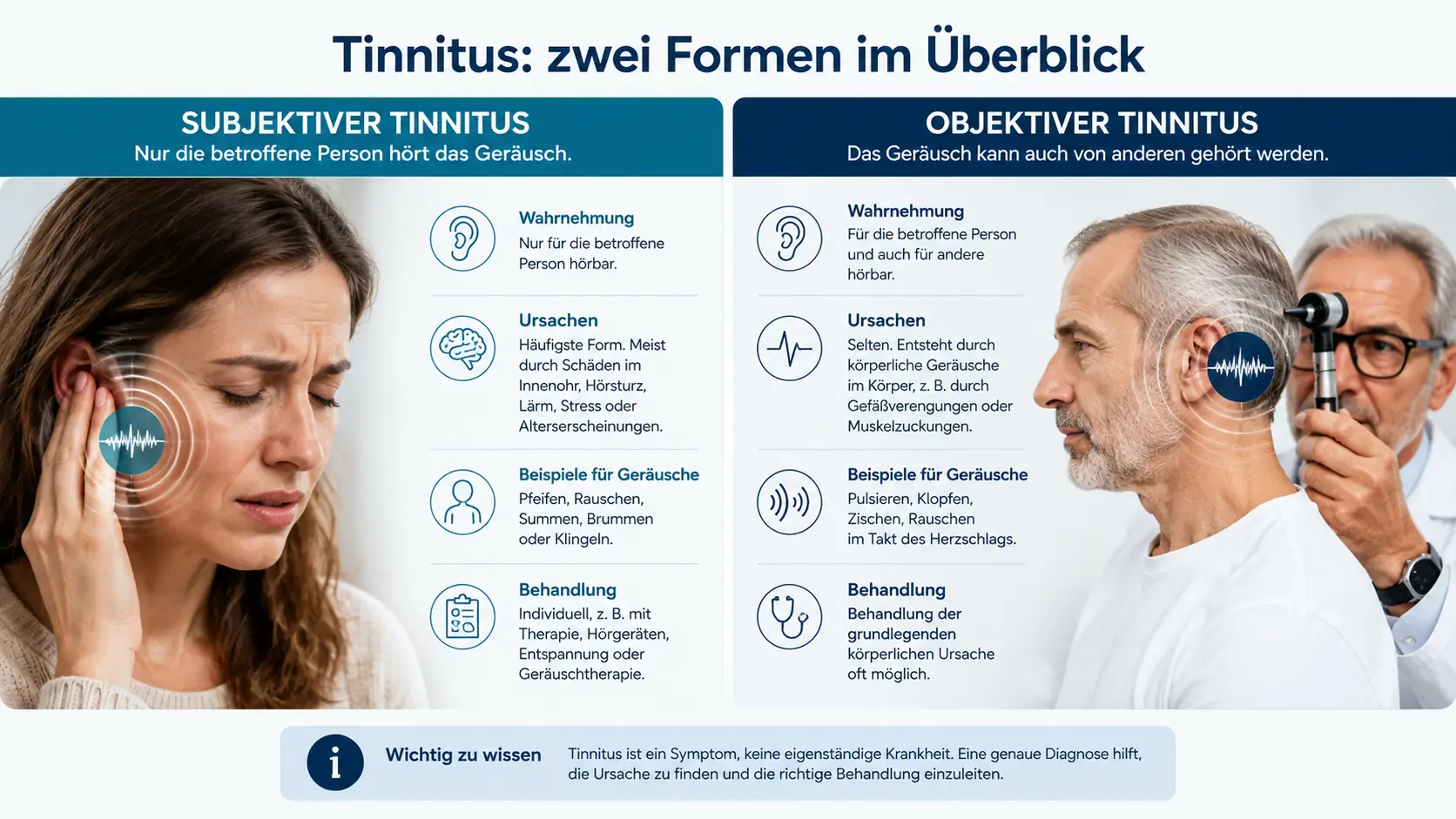 Infografik zum Unterschied zwischen subjektivem und objektivem Tinnitus und möglichen Tinnitus Ursachen