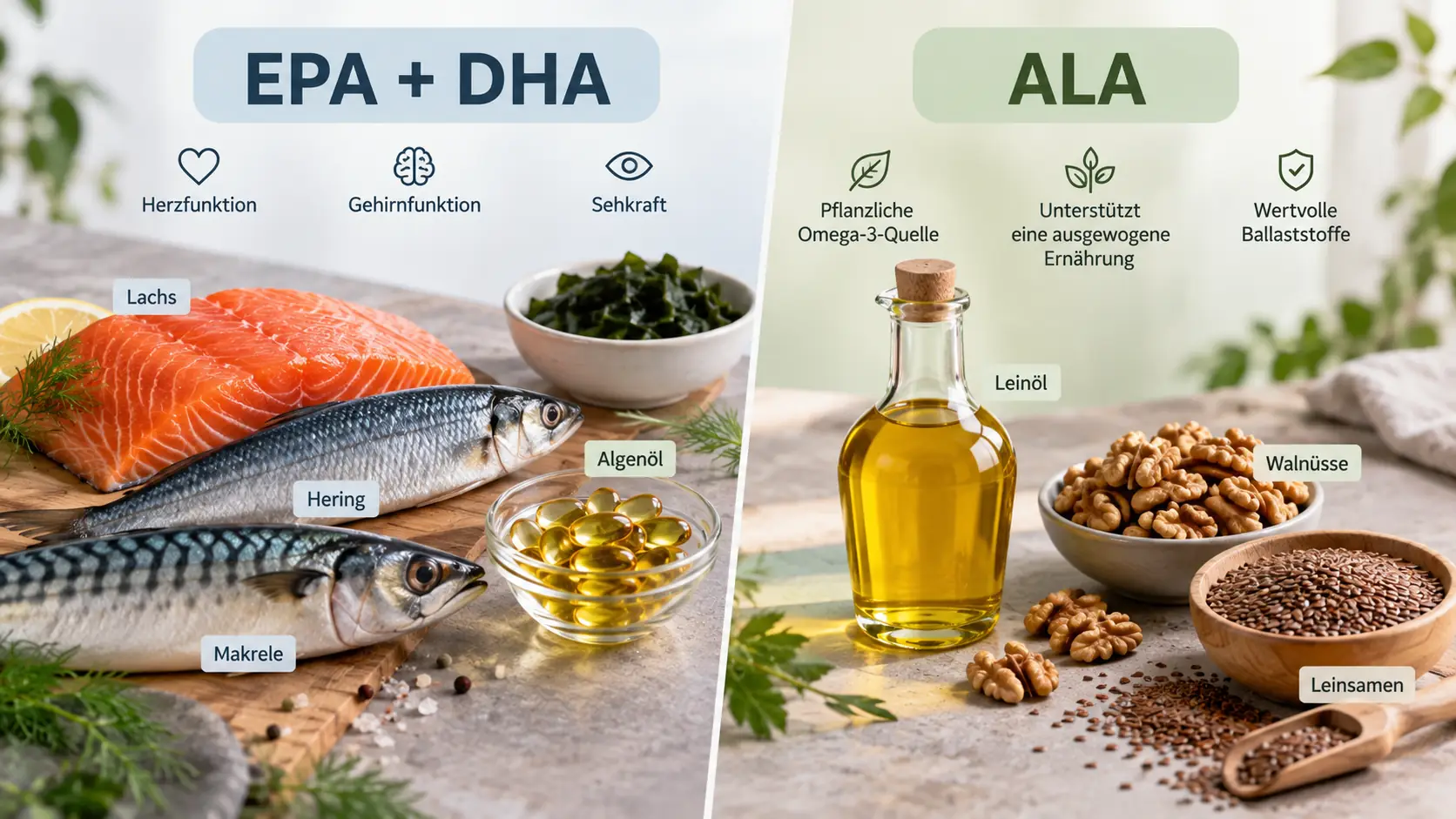 Omega 3 Mangel erkennen durch die Gegenüberstellung von EPA- und DHA-Quellen sowie Lebensmitteln mit ALA.