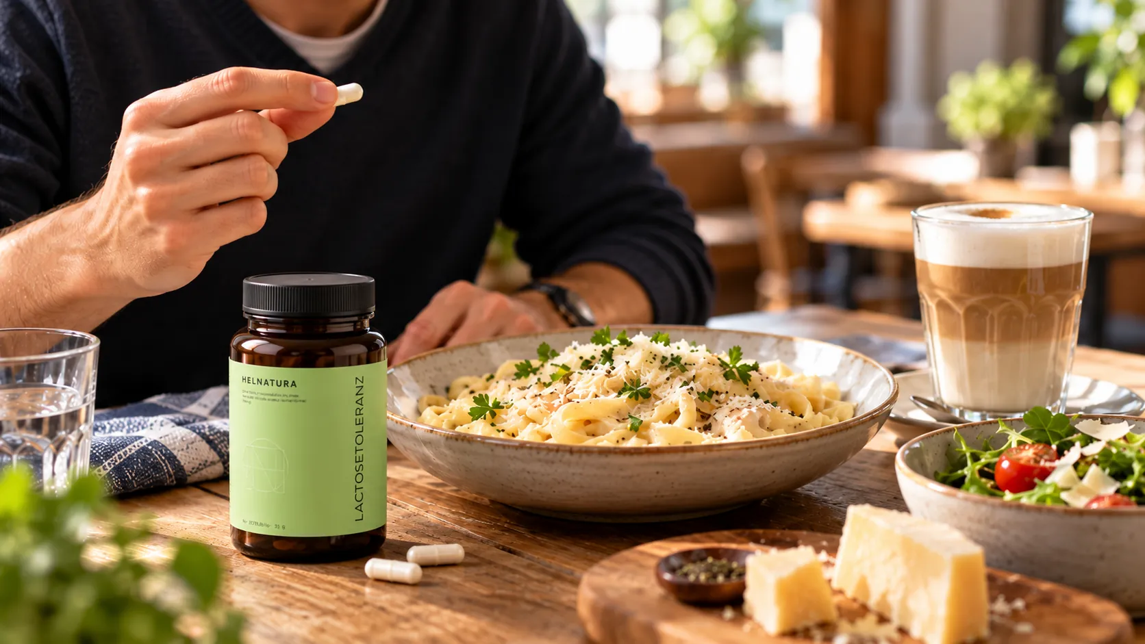 wie äußert sich Laktoseintoleranz: Alltagsszene mit laktosehaltiger Mahlzeit und Laktase-Kapseln für den praktischen Einsatz.