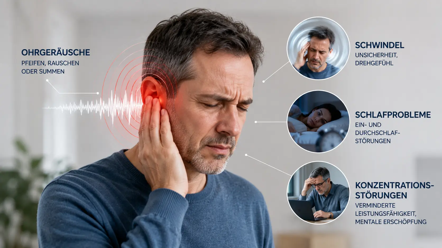 Person mit Ohrgeräuschen, Schwindel, Schlafproblemen und Konzentrationsstörungen als mögliche Tinnitus Symptome
