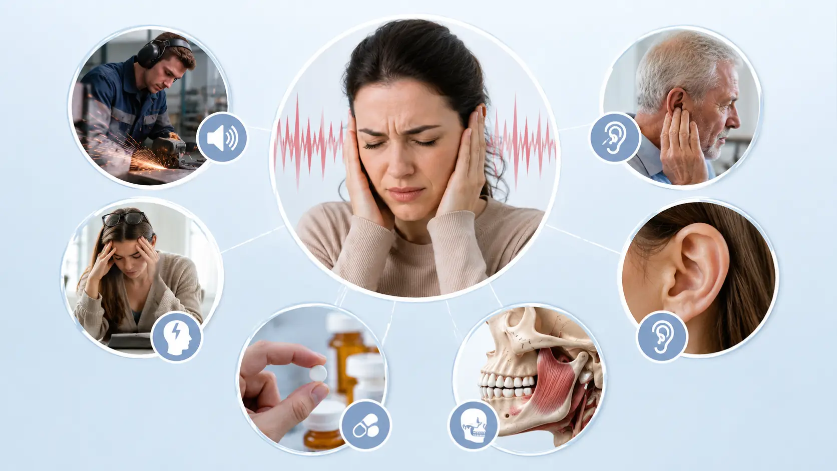 Infografik zu Lärm, Stress, Hörverlust, Medikamenten und weiteren möglichen Ursachen sowie Hausmittel bei Tinnitus