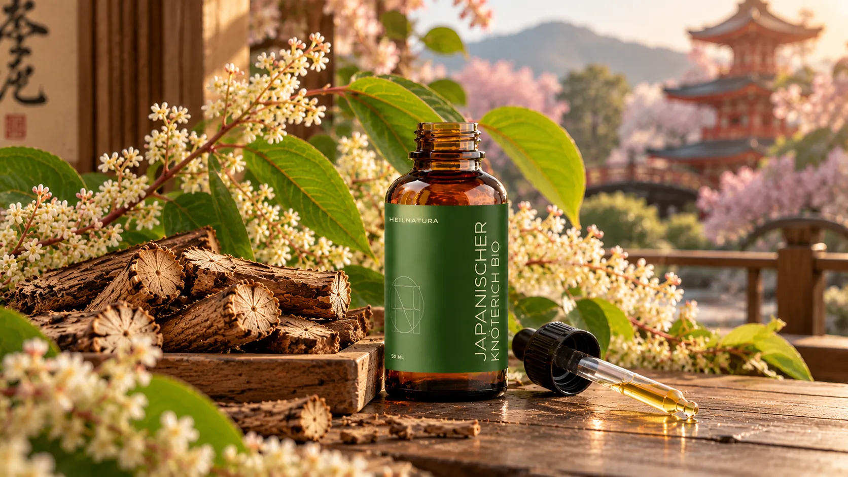 Japanischer Knöterich Tropfen in 50-ml-Braunglasflasche mit Pipette und botanischen Pflanzenelementen