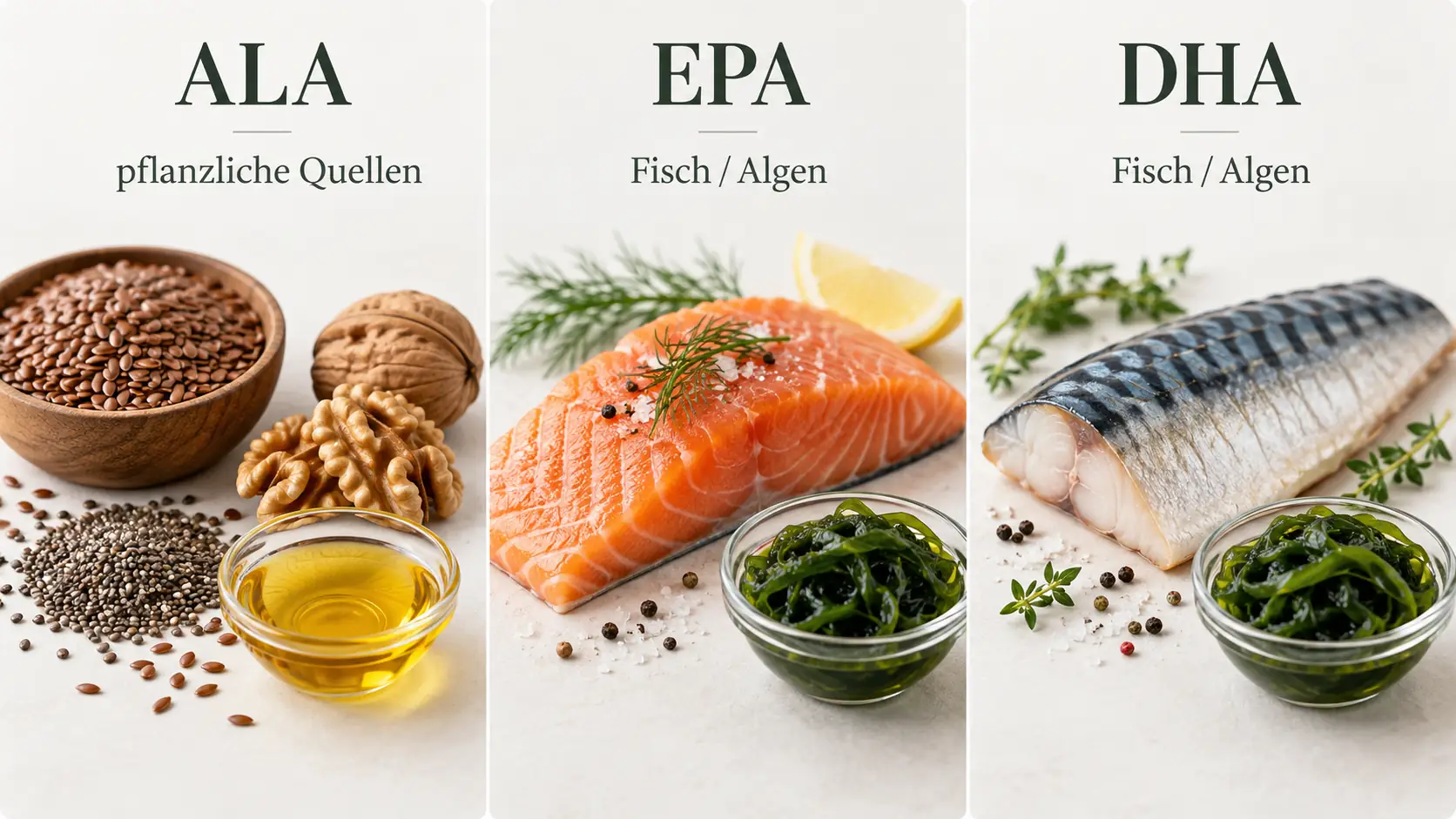 Wirkung von Omega 3: Schlichte Infografik zu ALA, EPA und DHA mit Leinsamen, Walnüssen, Lachs und Mikroalgen.