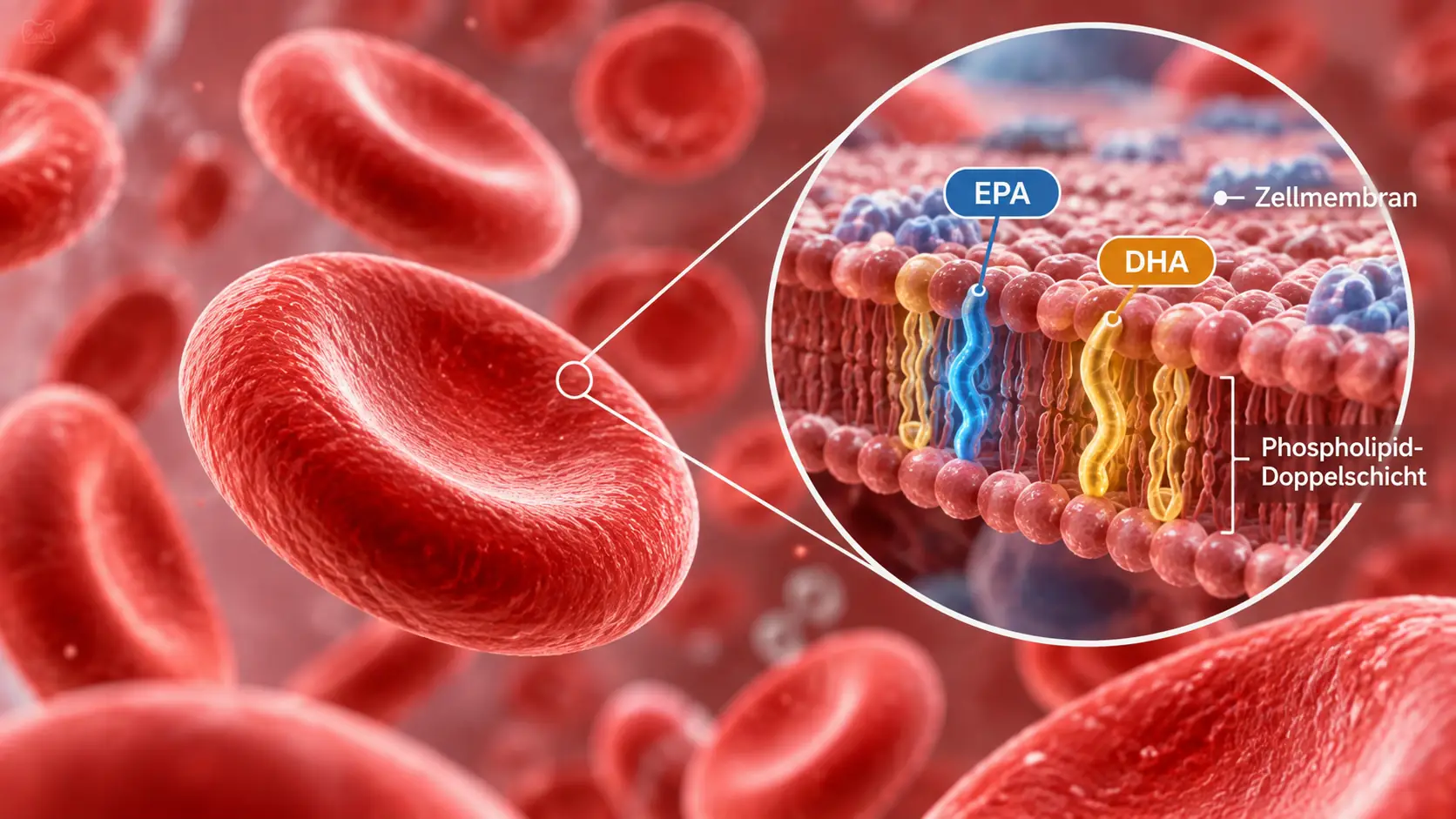 Omega 3 Mangel erkennen: Illustration roter Blutkörperchen mit EPA und DHA in der Zellmembran