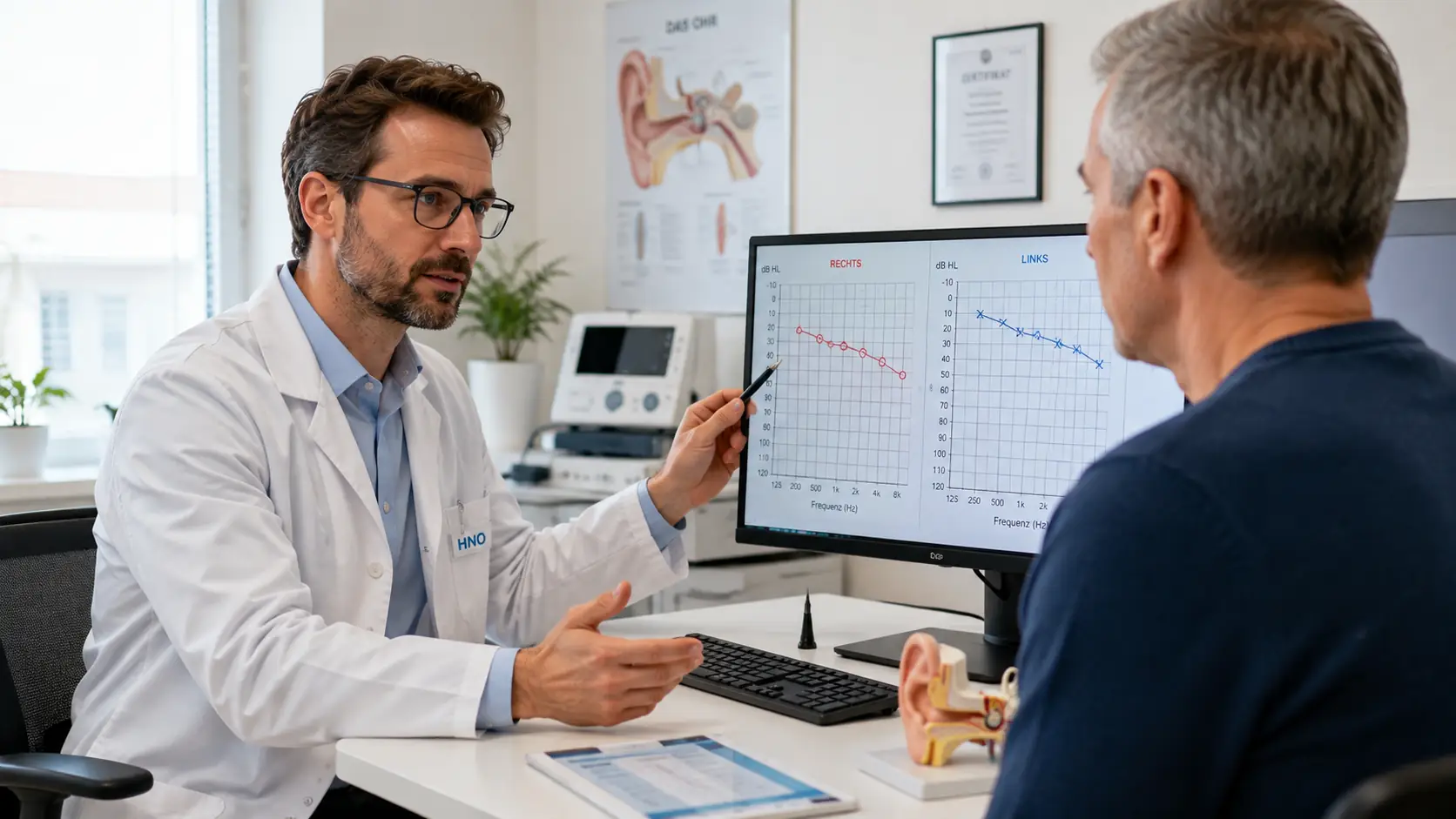 HNO-Arzt bespricht einen Hörtest mit einem Patienten nach der Anwendung von Hausmittel bei Tinnitus