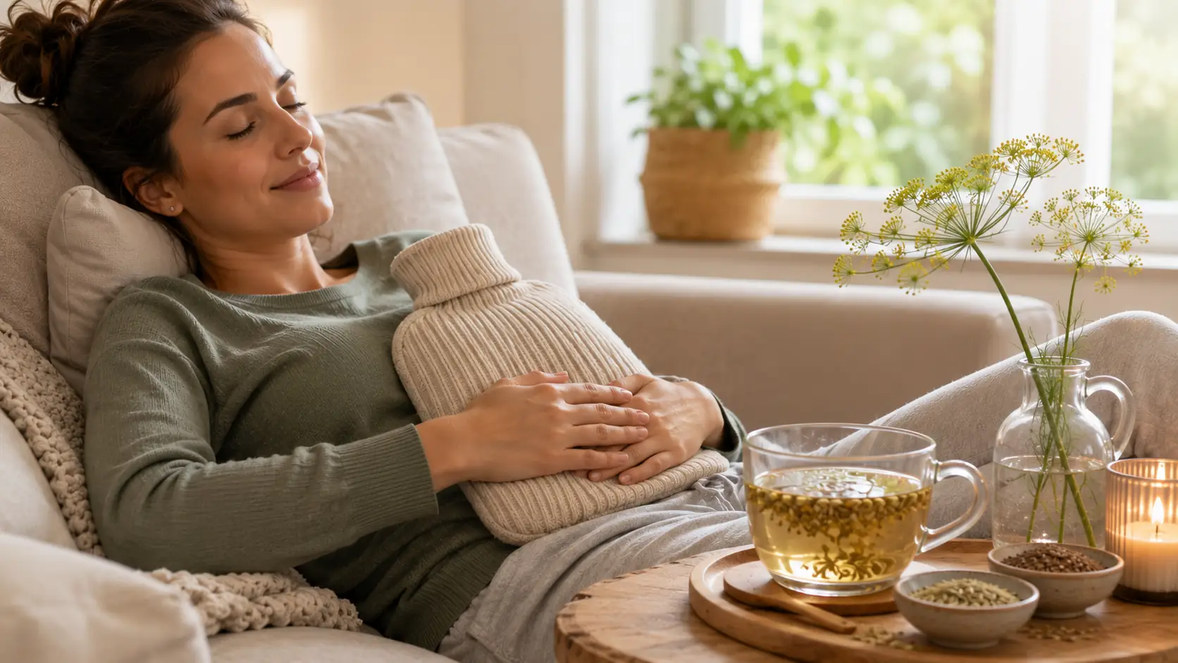 Kräutertee mit Fenchel, Anis und Kümmel sowie Wärmflasche zur Unterstützung beim Blähbauch loswerden