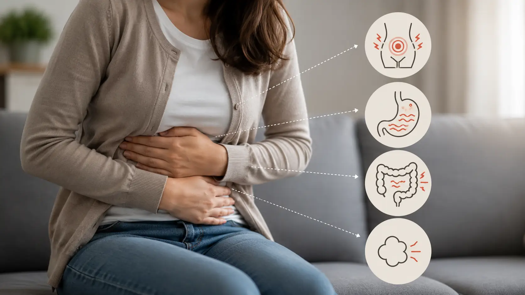 Person mit Bauchbeschwerden sowie Symbolen für Druck, Schmerzen und Verdauungsprobleme beim Thema Blähbauch loswerden