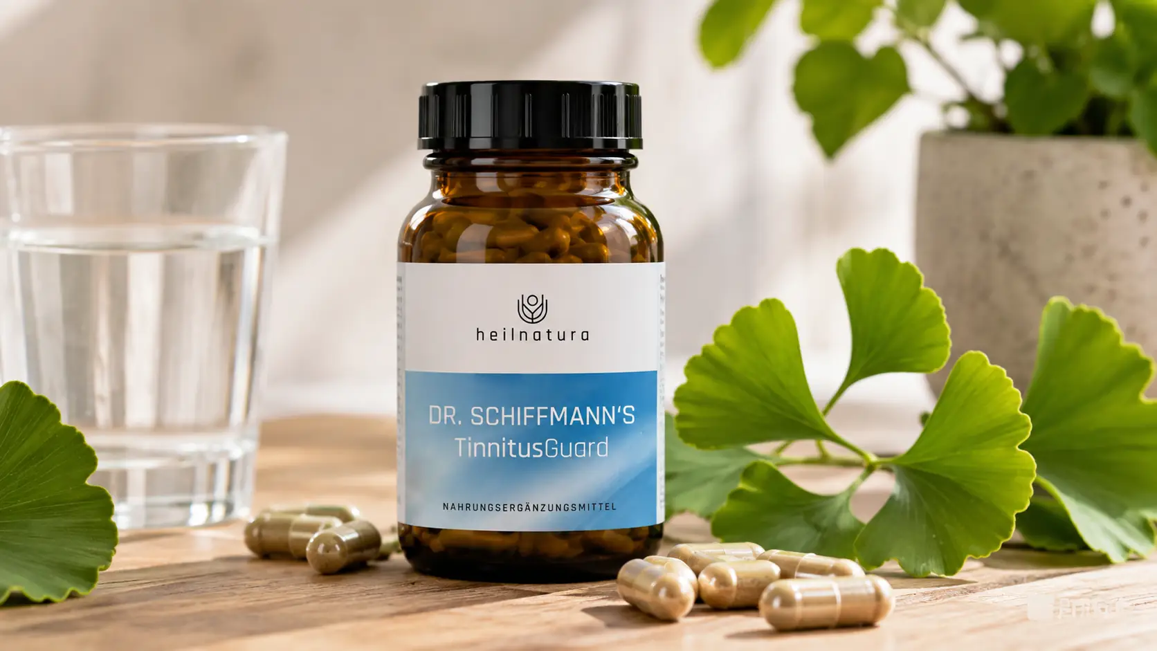 Hochwertige Nahrungsergänzungsmittel auf einem hellen Holztisch zum Thema Ginkgo bei Tinnitus