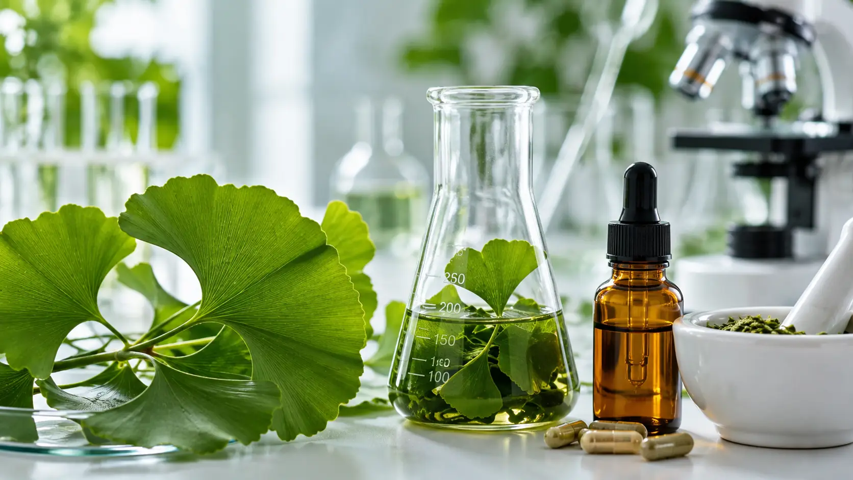 Frische Ginkgo-Blätter und Pflanzenextrakt im Labor zur Darstellung der Gewinnung und Ginkgo Biloba Wirkung