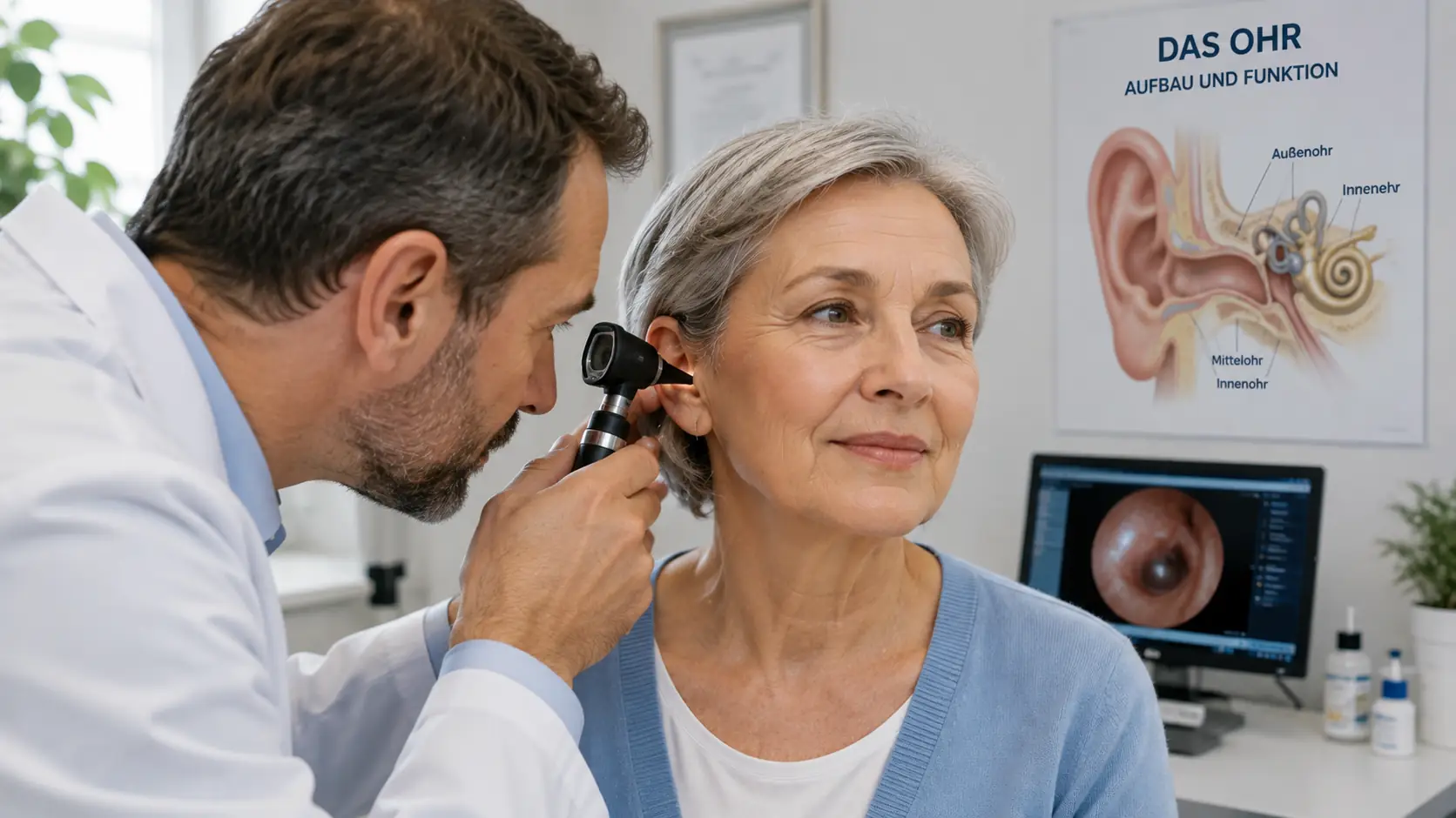 HNO-Arzt untersucht das Ohr eines Patienten zur Abklärung möglicher Tinnitus Ursachen