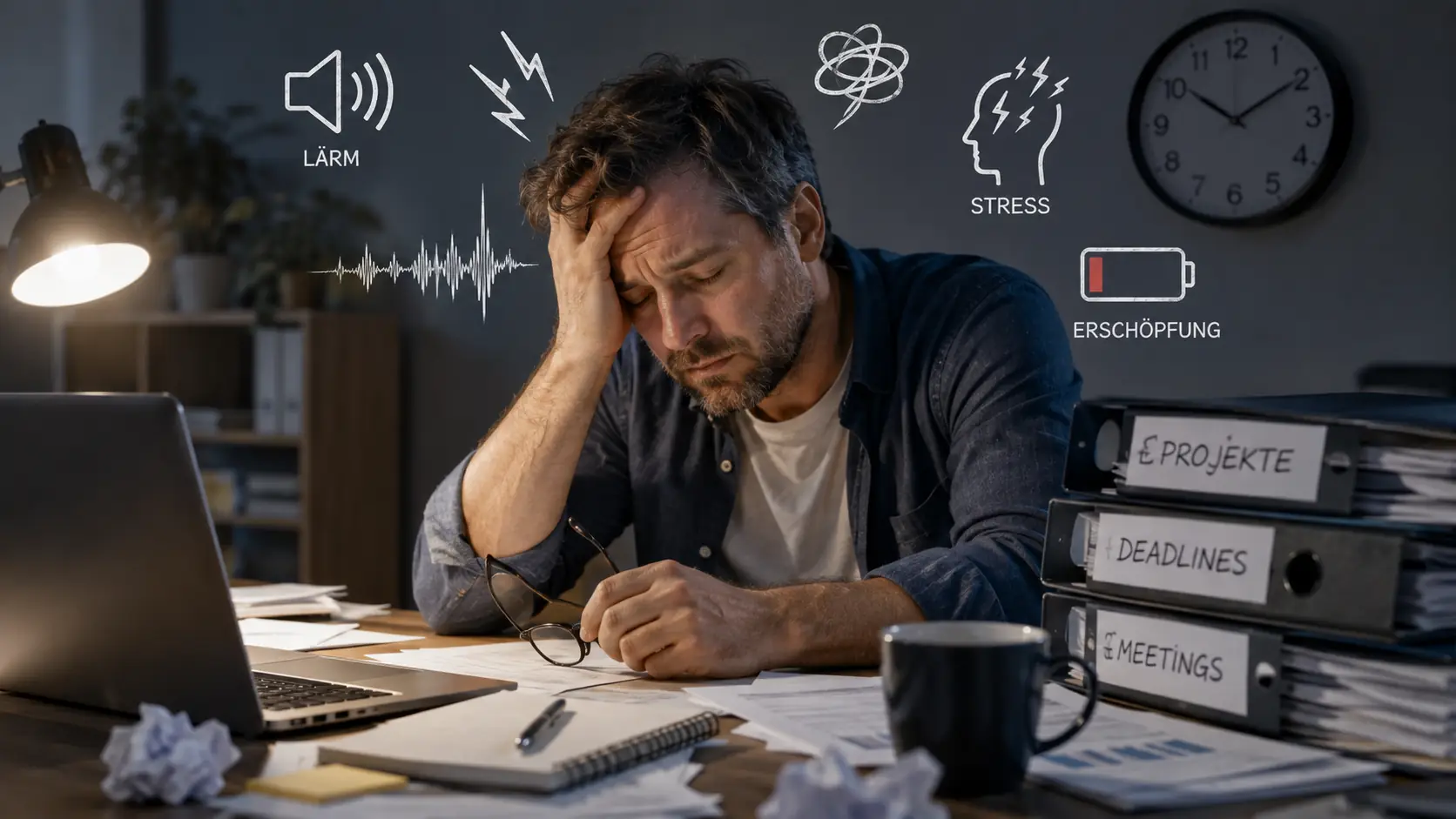 Erschöpfte Person mit hoher Stressbelastung als Darstellung möglicher Tinnitus Ursachen