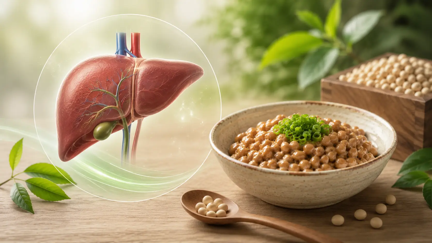 Anatomisch stilisierte Leber mit natürlichem Hintergrund sowie Natto und Sojabohnen zum Thema Nattokinase einfach erklärt