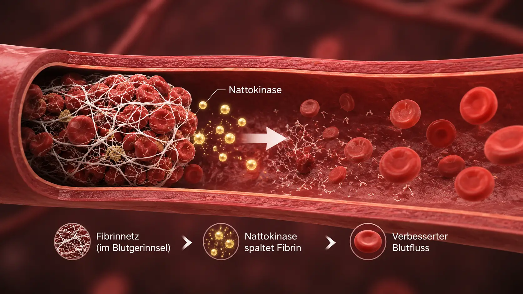 Schematische Darstellung eines Blutgefäßes mit fließendem Blut und symbolischem Fibrinabbau für Nattokinase einfach erklärt